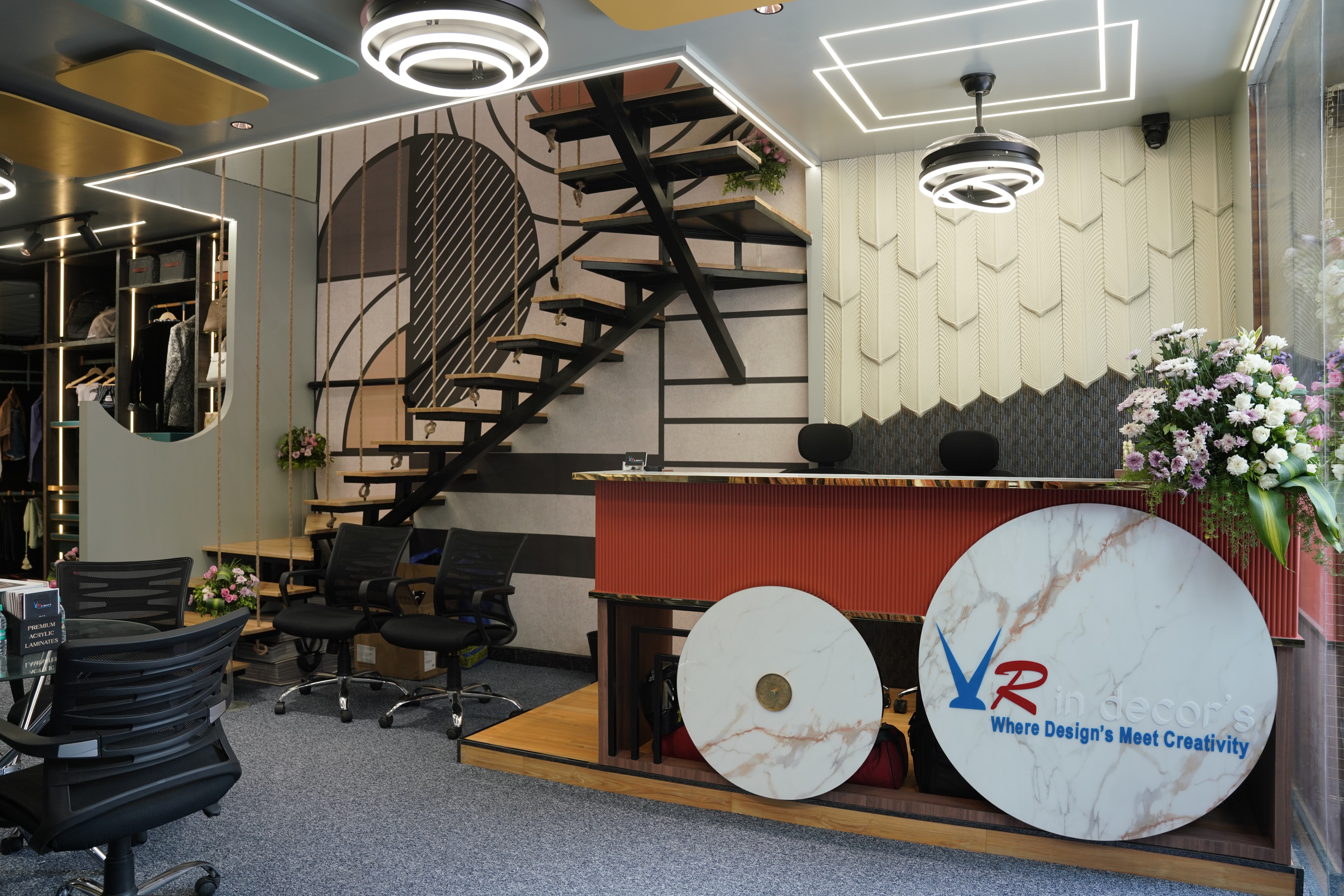 Luxurious reception area for an interior design studio in Hyderabad by VR in decor's